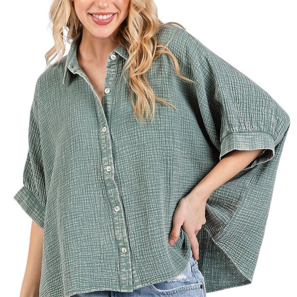 Green Mineral Wash Dolman Sleeve Button Down Womens Shirt - Picture 2 of 5